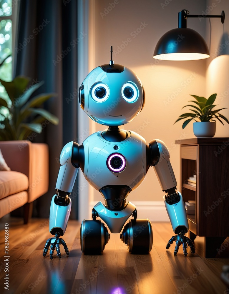 Poster a humanoid robot with expressive eyes in a cozy home setting, representing the future of domestic ro