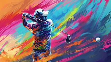 Golfer Driver club swinging golf ball, follow through, coloured brushstroke background.  Sport, exercise, motion past time.