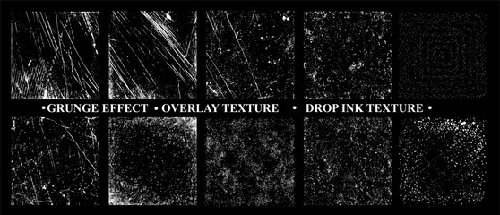 Variety of Grunge Textures Set in Monochrome. Set of four distinct black and white grunge textures, ranging from lightly speckled to heavily scratched. Overlays stamp texture with effect grunge. - obrazy, fototapety, plakaty
