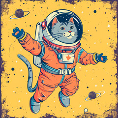 Whimsical Illustration of a Cat Astronaut Floating in Space World Space Week