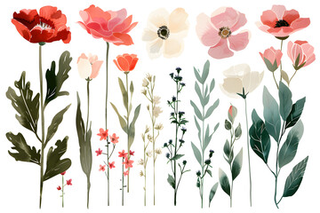 Colorful  flowers hand drawn collection isolated on white background