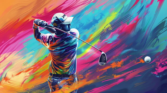 Golfer Driver club swinging golf ball, follow through, coloured brushstroke background.  Sport, exercise, motion past time.