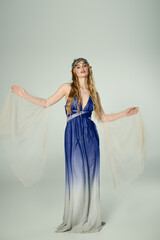 A young woman exudes elegance in a blue and white dress, embodying the essence of a fairy-tale elf...