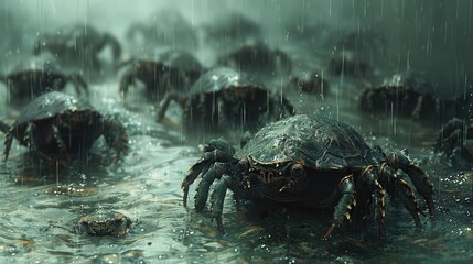 Hordes of tortoise shell crabs walking in the rain. - obrazy, fototapety, plakaty