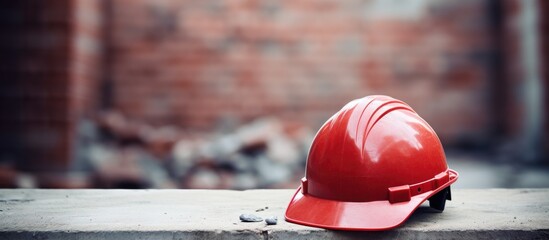 Red hard hat on a cement ledge - obrazy, fototapety, plakaty