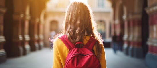 Woman hiking with a backpack on a city street - obrazy, fototapety, plakaty