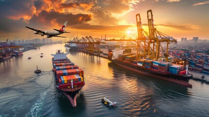 At sunrise, logistics and transportation scene shows Container Cargo ship and Cargo plane with working crane bridge in shipyard, symbolizing the import-export and transport industry. - obrazy, fototapety, plakaty