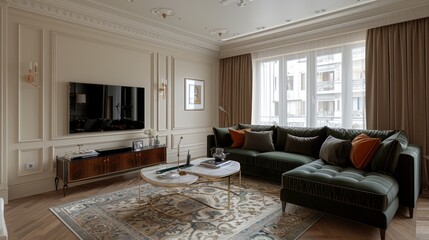 living room interior, in beige, neoclassical style, corner sofa in dark green color in the corner of the room, opposite the sofa is a TV, next to the coffee table, carpet, shot from the side