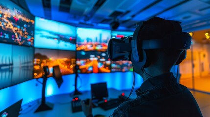 Man using virtual reality headset in a futuristic control room with panoramic screens and cityscape projection