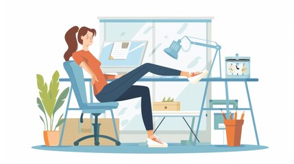 Working at the computer, a woman takes a short break, rests and stretches her legs while working, in flat style.