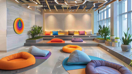 Modern office lounge with colorful bean bags, vibrant art piece, and a relaxed seating area with greenery - 782983667
