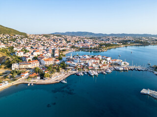 Aerial view of popular tourist resort in the aegean region coastline, turquoise sea and view of the...