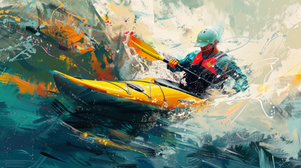 Kayaker, paddle helmets, rough waves, race, blue, yellow red colours. Elite water sport, Olympics - obrazy, fototapety, plakaty