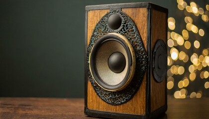 old-fashioned traditional speaker, showcasing intricate wood grain and vintage design elements, background
