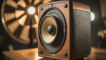 old-fashioned traditional speaker, showcasing intricate wood grain and vintage design elements, background - obrazy, fototapety, plakaty