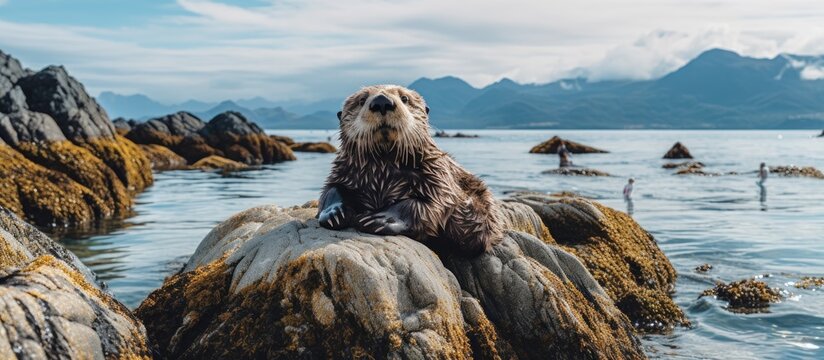Sea otter perched on rocky island shore