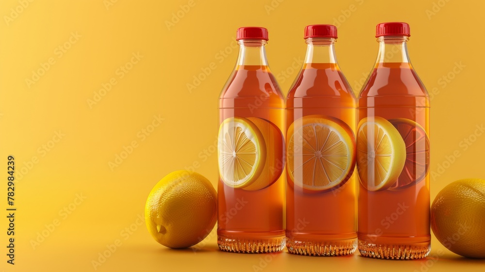 Poster an illustration showing three different iced lemon tea bottles. one bottle has a branding label, ano