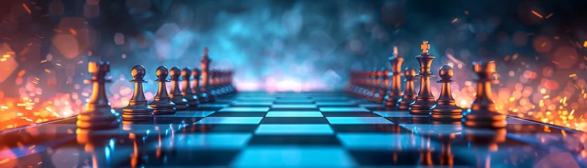 Fotobehang A chessboard with pieces illuminated by a futuristic blue and orange glow, symbolizing strategy and competition in the digital age. © Xistudio
