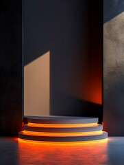 An illuminated circular podium casting a warm glow in a dark, moody room, evoking a sense of mystery and prestige.