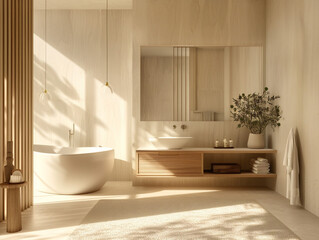 Fototapeta na wymiar Chic and modern bathroom design with a sleek floating vanity and mirror, creating a serene atmosphere.