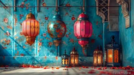 A vibrant "Ramzan Mubarak" greeting with colorful mosaic patterns, lanterns, and intricate Arabic calligraphy on a bright turquoise background, showcasing cultural diversity