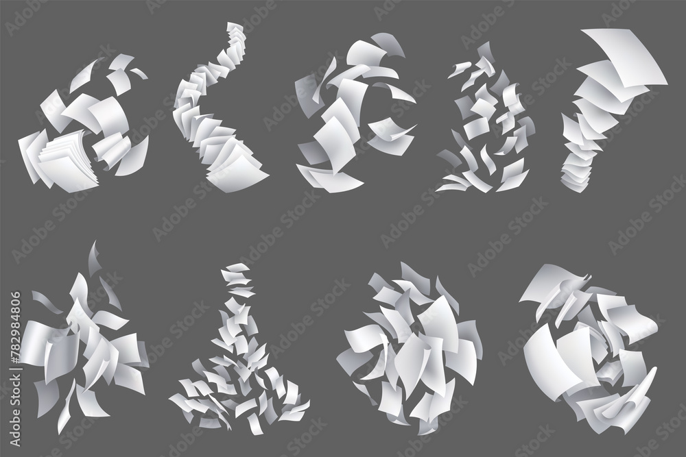 Poster collection of realistic falling paper sheets. set of flying curved leaves of paper. loose soar of no