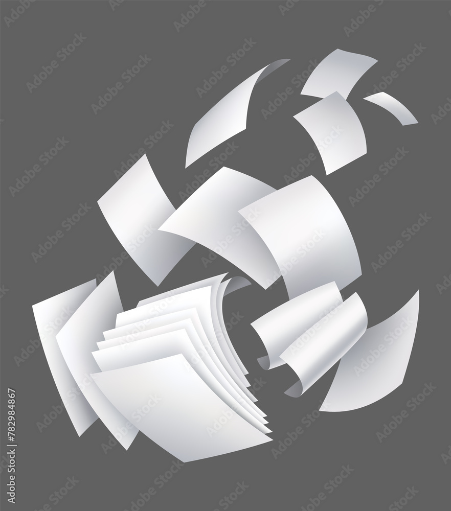 Poster realistic falling paper sheets. set of flying curved leaves of paper. loose soar of notes with curle