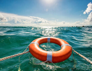 a lifebuoy floats on the surface of a stormy sea, the concept is the last hope for saving a life