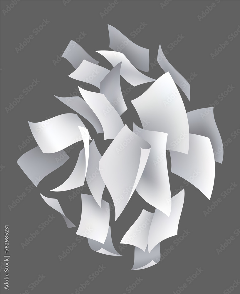 Poster realistic falling paper sheets. set of flying curved leaves of paper. loose soar of notes with curle