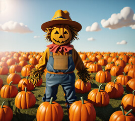 A scarecrow standing in a field of pumpkins.