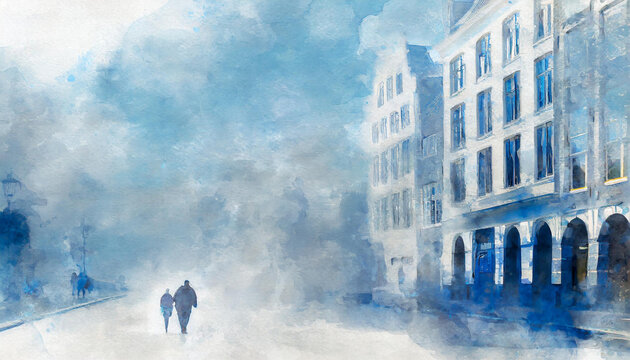 Abstract image in blue and white colors of people walking down the street, hazy background postcard in watercolor style with copy space