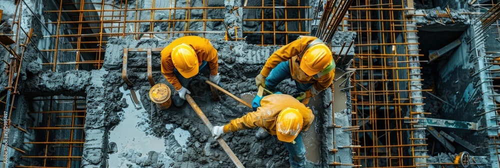 Poster skilled labor working together to build critical infrastructure on a construction site