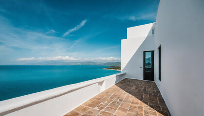 Architectural detail of white modern Mediterranean house over turquoise sea and blue sky...
