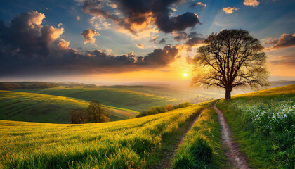 Fototapeta na wymiar Spring evening landscape with trees and sun in cloudy sky. Beautiful nature