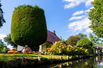 Scenic view of green riverside garden house german national park Spreewald on spring summer sunny...