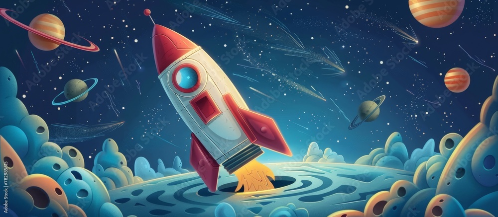 Poster rocket ship cartoon flying swiftly against a backdrop of distant planets in outer space