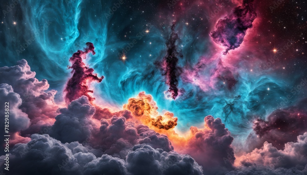 Poster a vibrant artwork depicting a dreamscape where ethereal cosmic clouds mingle with bright celestial b