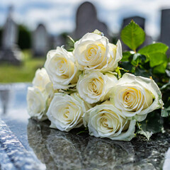 Bouquet of white roses laying on marble tombstone in cemetery. Funeral and mourning concept