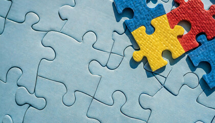 Fototapeta premium Blue, yellow, red pieces of puzzle frame on light blue puzzle background with copy space for text. World autism awareness day concept. Top view