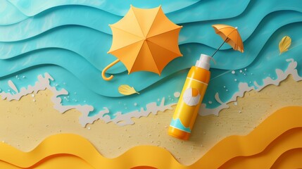 Sunscreen ad template. 3D illustration of a sunblock tube squeezed out of the outline of a parasol on a beach with papercut waves. - obrazy, fototapety, plakaty