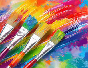 Obraz premium bright multicolored creative background, a group of brushes with paint on the background of a multicolored spectrum canvas, the idea of creativity banner, team
