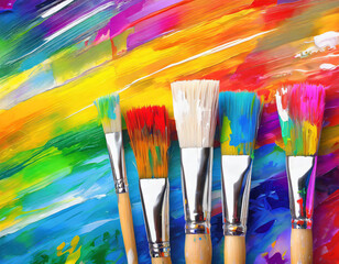 Obraz premium bright multicolored creative background, a group of brushes with paint on the background of a multicolored spectrum canvas, the idea of creativity banner, team