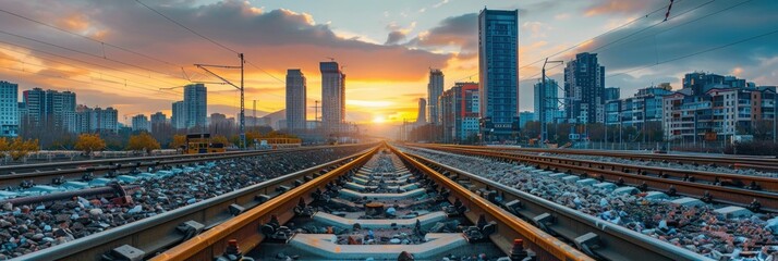 The Bustling Metropolis A Panoramic View of Urban Infrastructure Transforming a Thriving City Skyline at Sunset