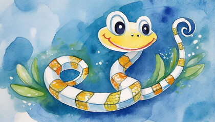 Cartoon snake on a blue background 3D illustration; children's drawing in watercolor style