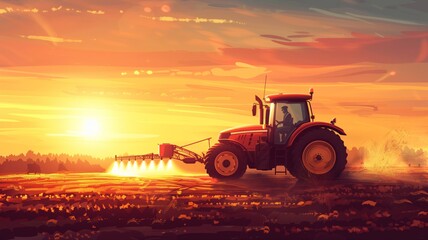 Trattore per l'irrigazione che guida l'irrorazione o la raccolta di un raccolto agricolo al tramonto con dati infografici informativi come design di banner per l'industria agricola e la produzione di  - obrazy, fototapety, plakaty