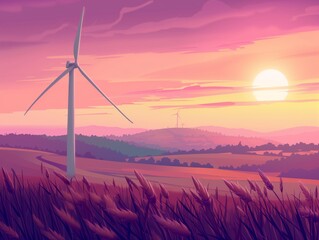 Una turbina eolica è un dispositivo che converte l'energia cinetica del vento in energia elettrica. al tramonto su un terreno coltivato con dati infografici informativi come design di banner  - obrazy, fototapety, plakaty