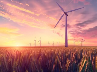 Una turbina eolica è un dispositivo che converte l'energia cinetica del vento in energia elettrica. al tramonto su un terreno coltivato con dati infografici informativi come design di banner 