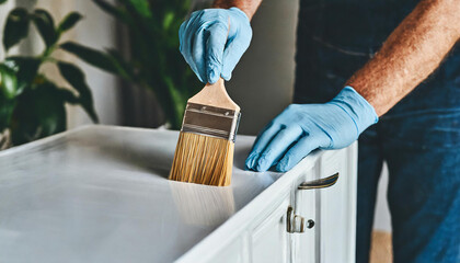Closeup of man hands with gloves holding painting brush and painting dark kitchen cabinet into white color. Renewing restyling old fashioned wood furniture. Sustainable lifestyle, zero waste