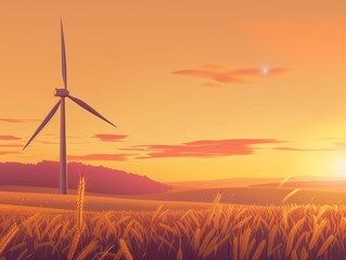 Una turbina eolica è un dispositivo che converte l'energia cinetica del vento in energia elettrica. al tramonto su un terreno coltivato con dati infografici informativi come design di banner  - obrazy, fototapety, plakaty