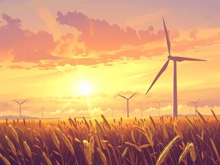 Una turbina eolica è un dispositivo che converte l'energia cinetica del vento in energia elettrica. al tramonto su un terreno coltivato con dati infografici informativi come design di banner 